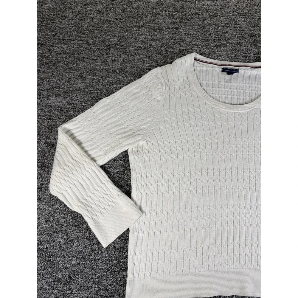 Tommy Hilfiger Sweater Womens XL White Logo Cable Knit Ribbed Hem Round Neck